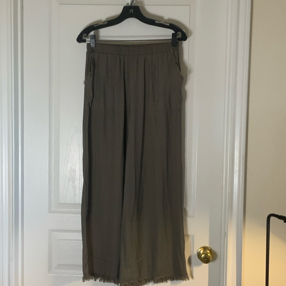 Boho Wide Leg Pants - Fringe Hem Pockets, Taupe